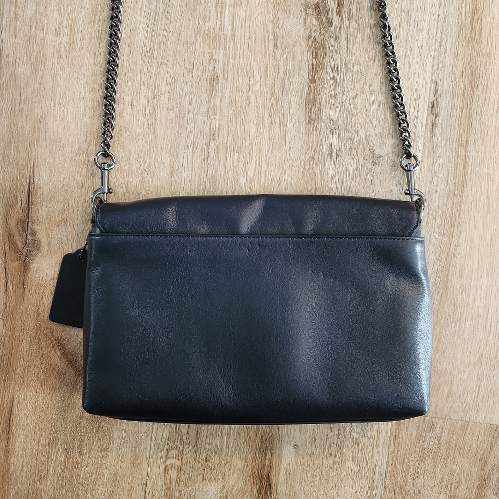 Coach Navy Blue Smooth Leather Crosstown Clutch Chain Crossbody Purse - Picture 7 of 8